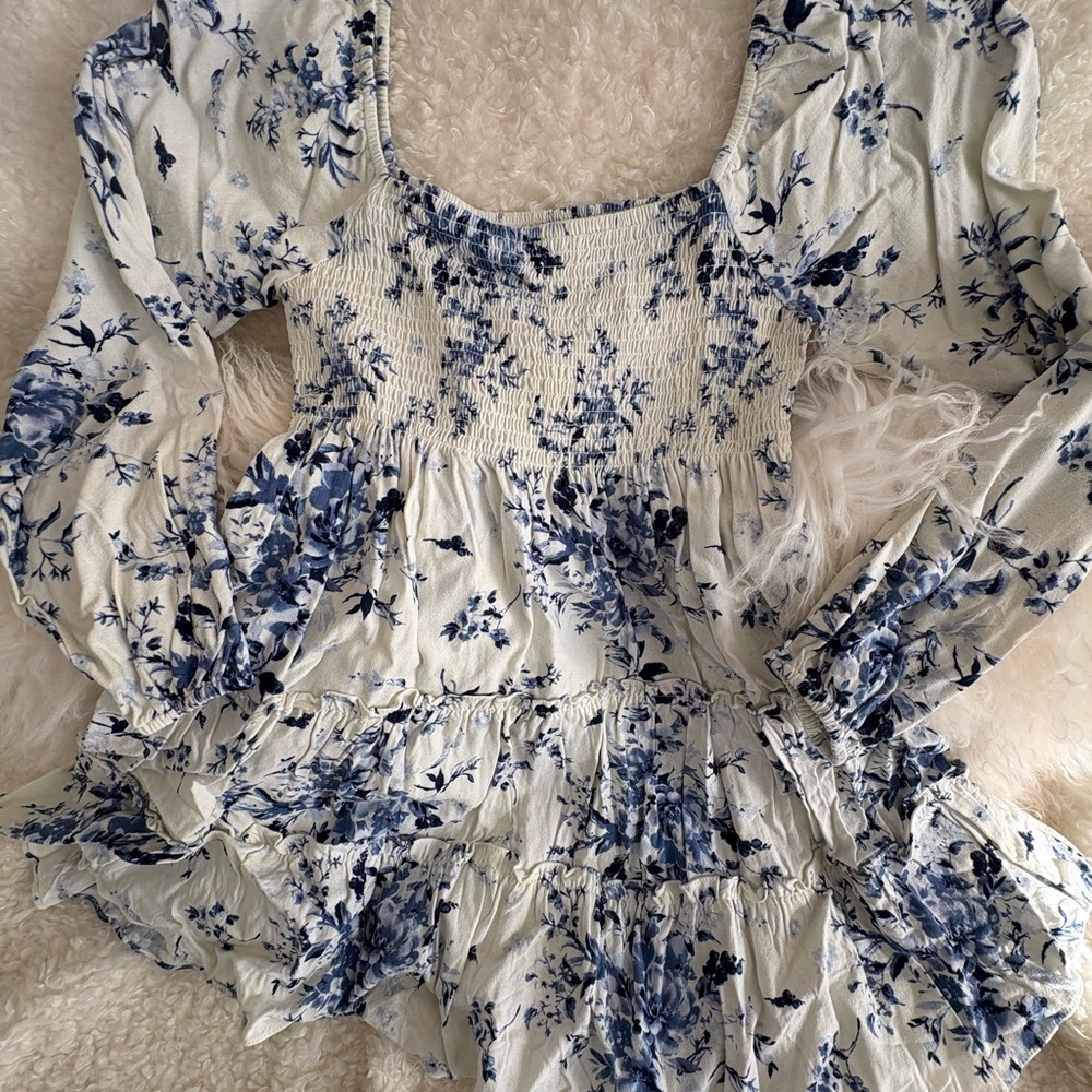 Altar'd State Blue and White Floral Long Sleeve Dress